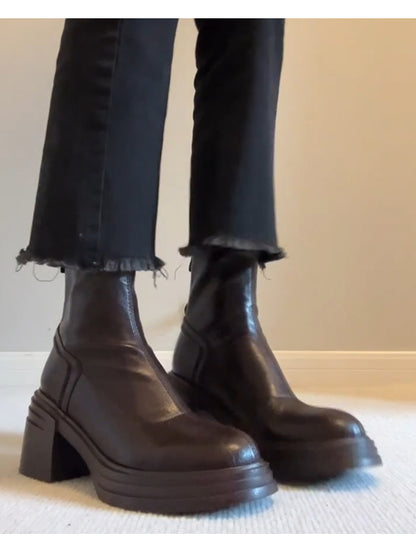 Women's Retro Genuine Leather Martin Boots - Brown Cowhide Thick-Soled Back-Zip Chunky Heel Boots