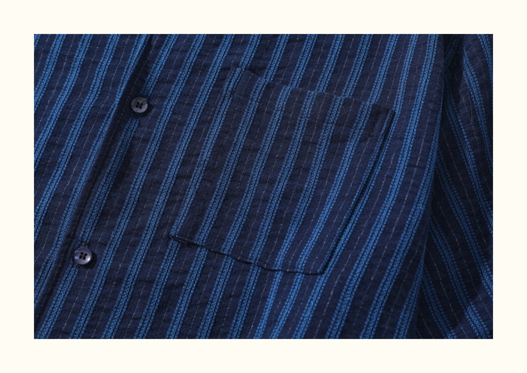 Pure Cotton Blue Striped Cuban-Collar Shirt – Japanese Retro, Loose Fit, Summer Essential