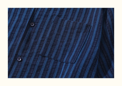 Pure Cotton Blue Striped Cuban-Collar Shirt – Japanese Retro, Loose Fit, Summer Essential
