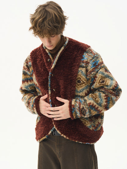 Printed Wool Patchwork Coat - Eco-Friendly Wooden Button Warm Jacket