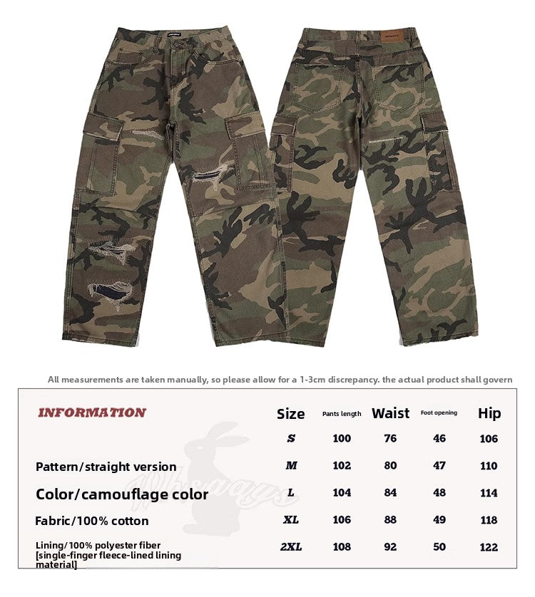 Men's American Street Retro Cargo Pants - Camouflage Heavy Washed Ripped Straight-Leg Pants