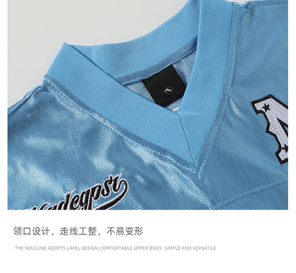 51 Hip-Hop American Retro Football Jersey V-Neck Sports Short Sleeve T-Shirt Unisex Satin Cool Loose Football Top