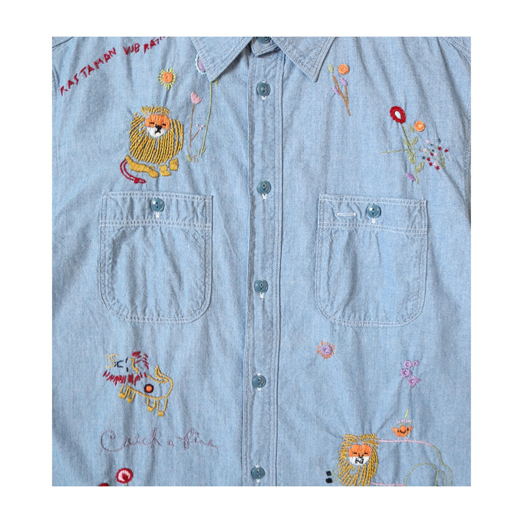 25AW Japanese Style Casual Lion Floral Embroidery Turn-down Collar Cotton Long Shirt