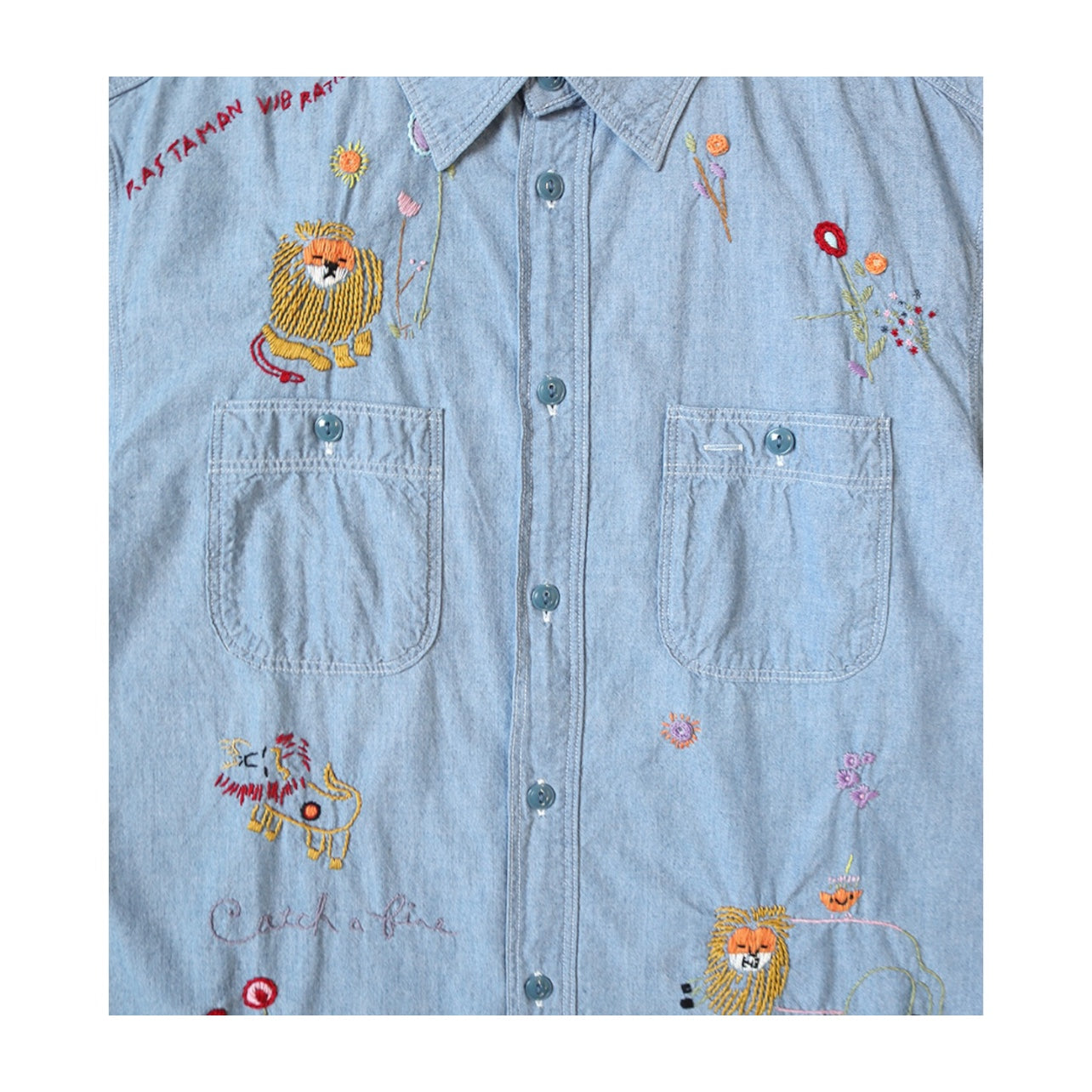 25AW Japanese Style Casual Lion Floral Embroidery Turn-down Collar Cotton Long Shirt