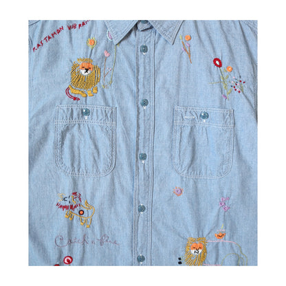 25AW Japanese Style Casual Lion Floral Embroidery Turn-down Collar Cotton Long Shirt