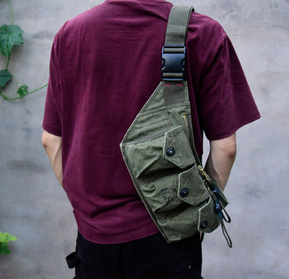 Washed Canvas Distressed Fanny Pack – Vintage 3-Way Chest Crossbody Unisex – Bags | japanese streetwear | vintage workwear | unisex | Yamalinclothes