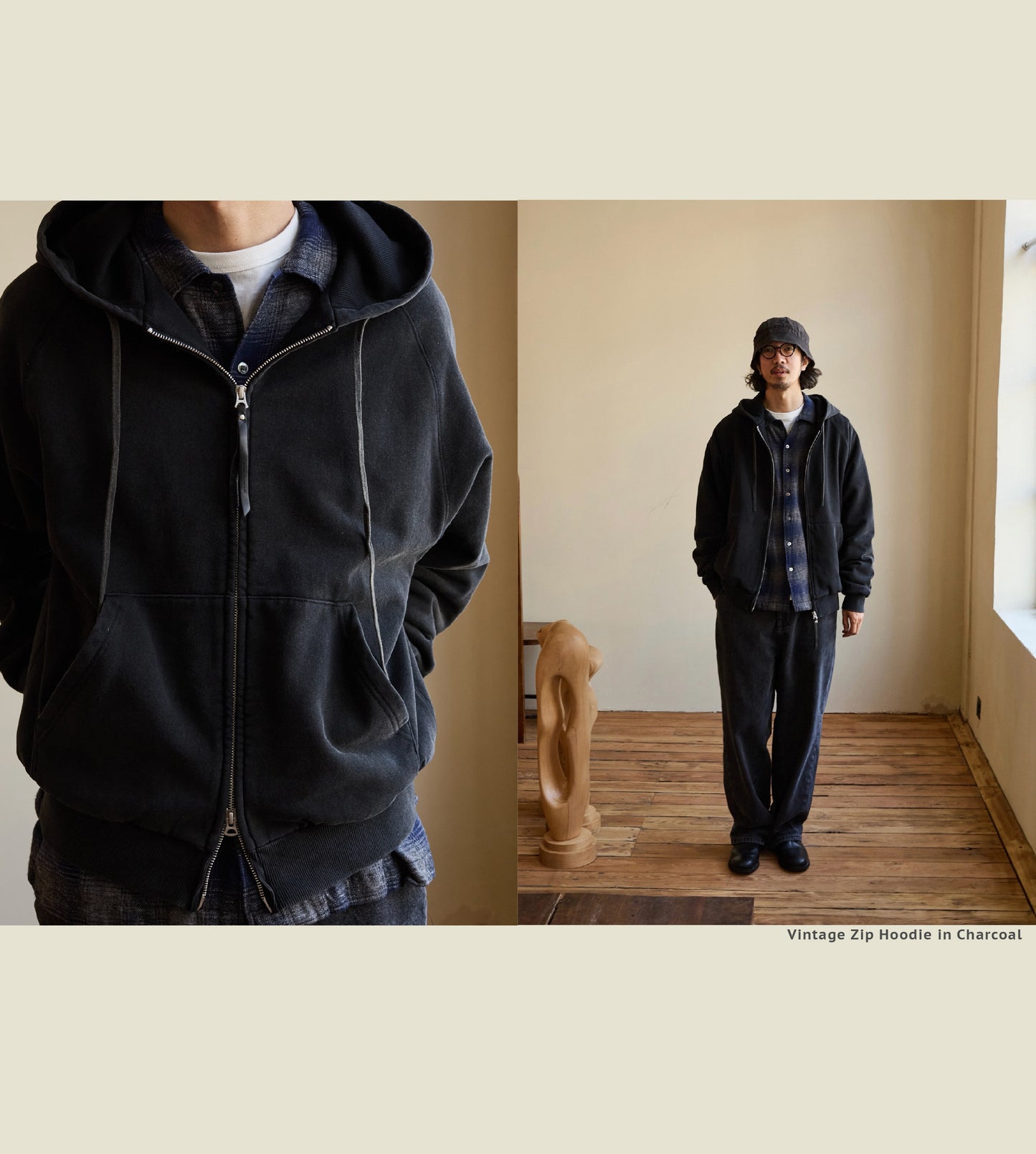 SS26 USAGE VTG Zip Hoodie - Yamalin Heavy Antique Woven Sweatshirt Washable Double Hoodie