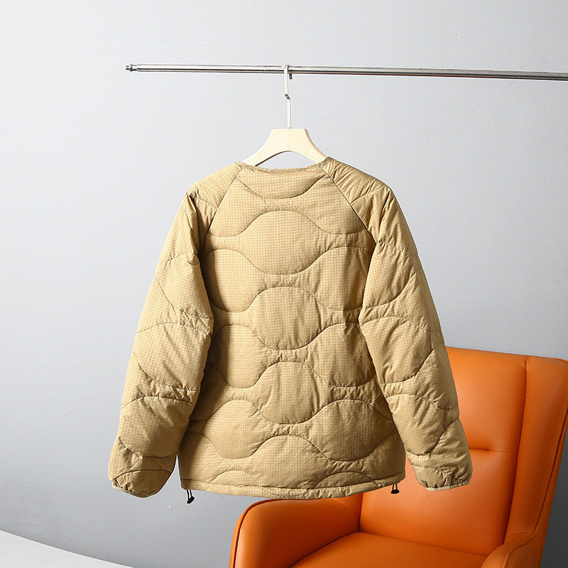 Collarless Down Jacket – Wave Quilting & Snap Front
