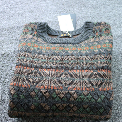 100% Wool Jacquard Stripe Crew Neck Sweater – Men's Thick Knit Pullover