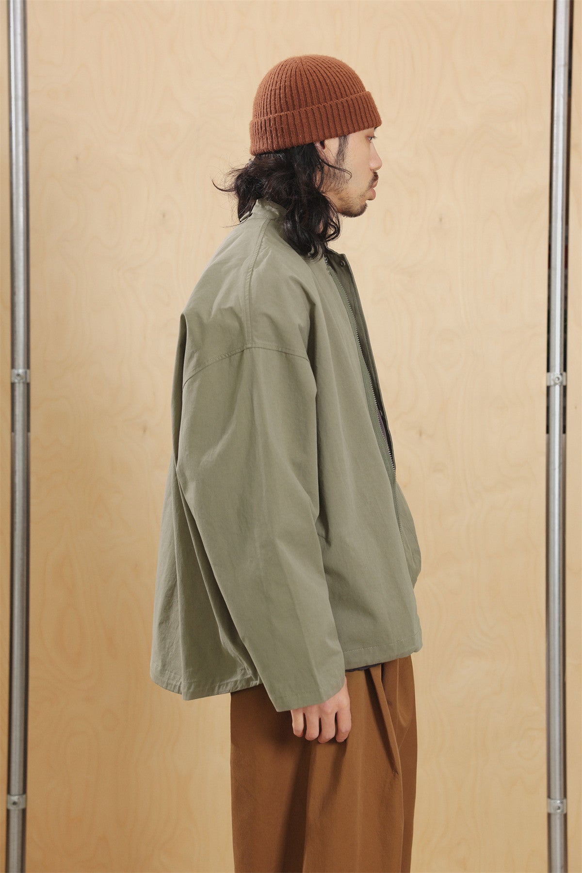 Washed Army Green Stand Collar Zip Jacket – Men's Loose Cargo Overshirt