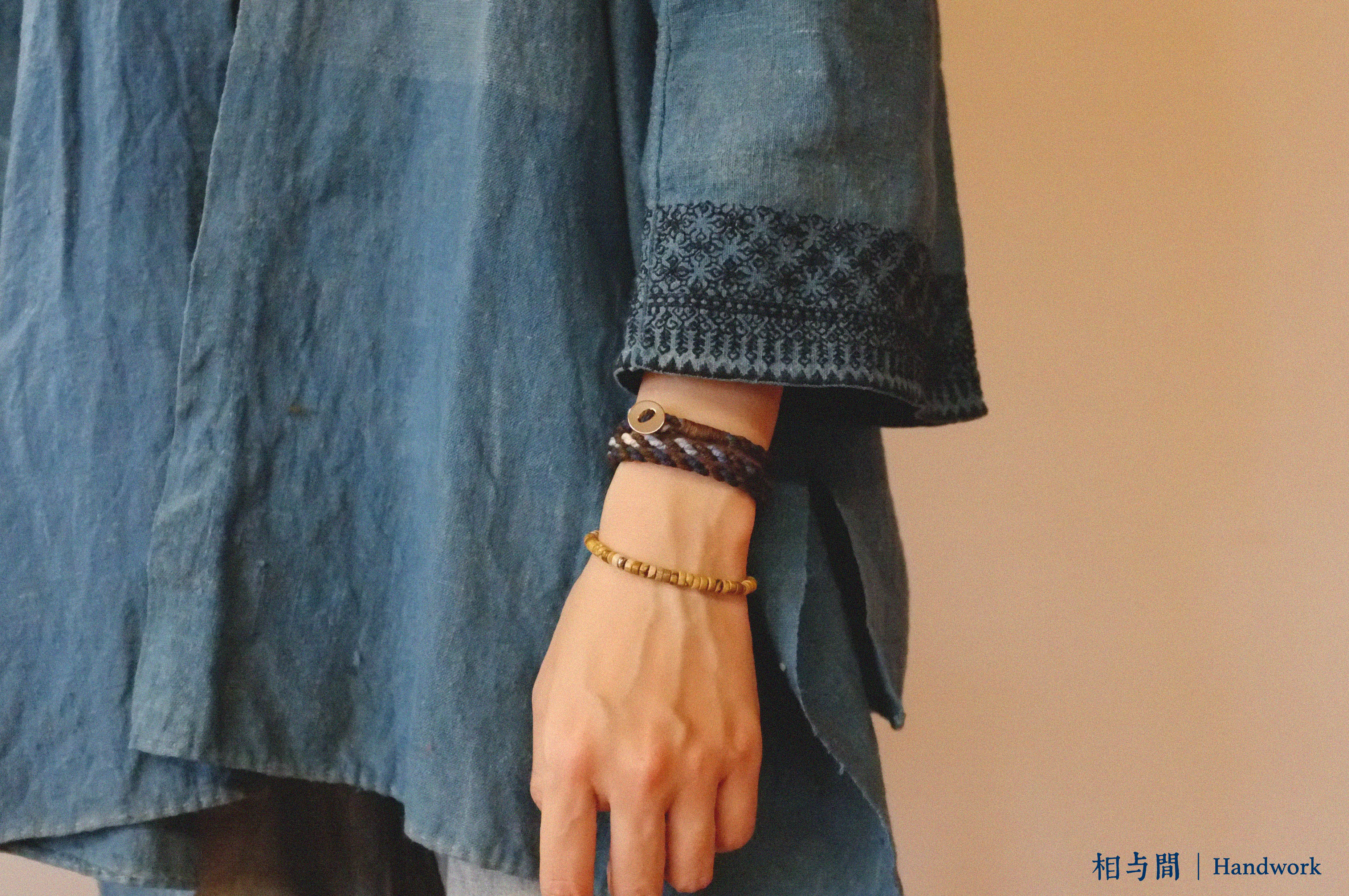 Original Four-Strand Weaving Blue Dye + Persimmon Dye Bracelet Cotton Linen Niche Couple Retro Multi-Hoop Bracelet