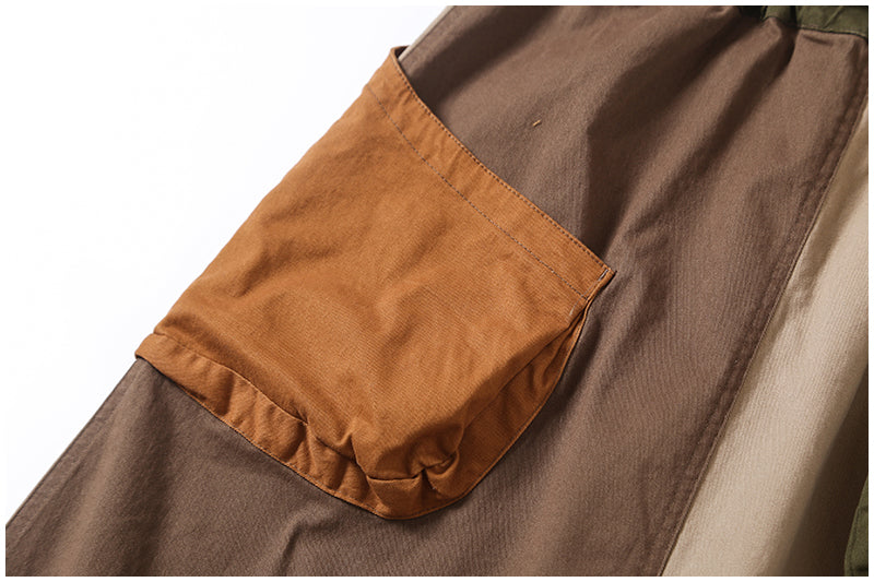 Japanese-Style Patchwork A-Line Skirt – Retro Loose Fit with Elastic Waist & Pockets