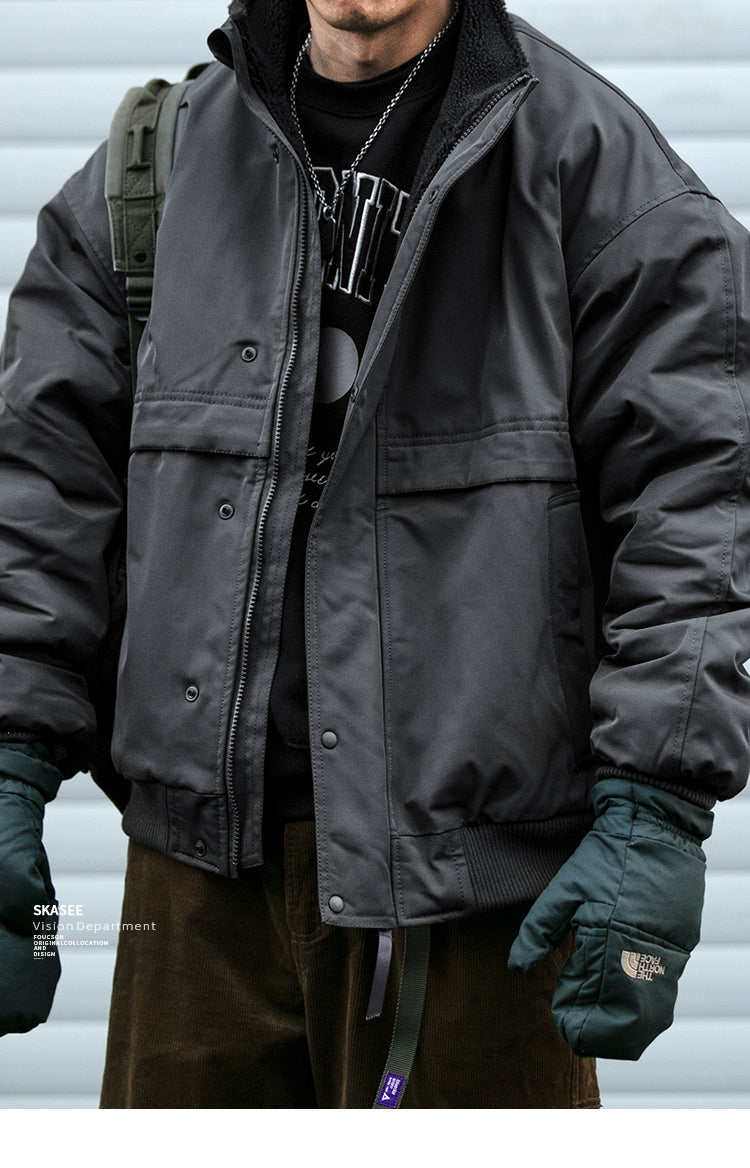 Japanese Style Trendy Brand Lamb Wool Stand Collar Cotton Jacket Men Winter Trendy Brand Couple Loose Thickened Warm Workwear Cotton Coat Jacket