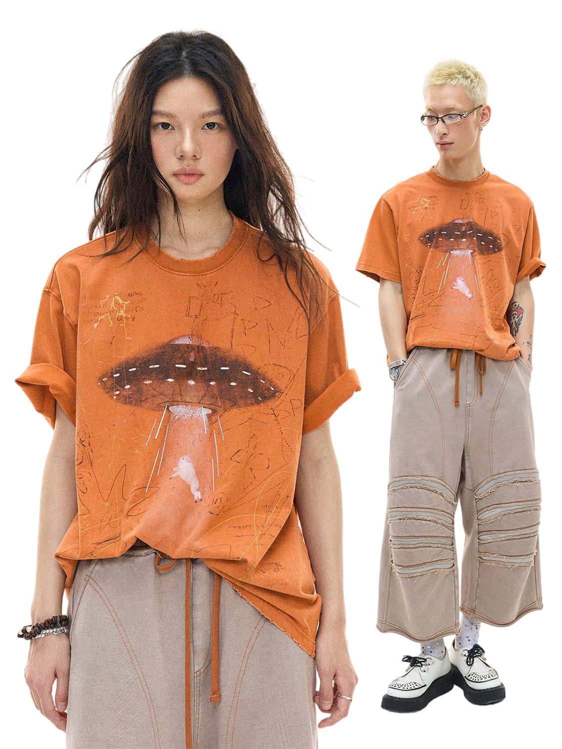 Alien Piggy 230g UFO Piggy Print Orange Short Sleeve T-Shirt