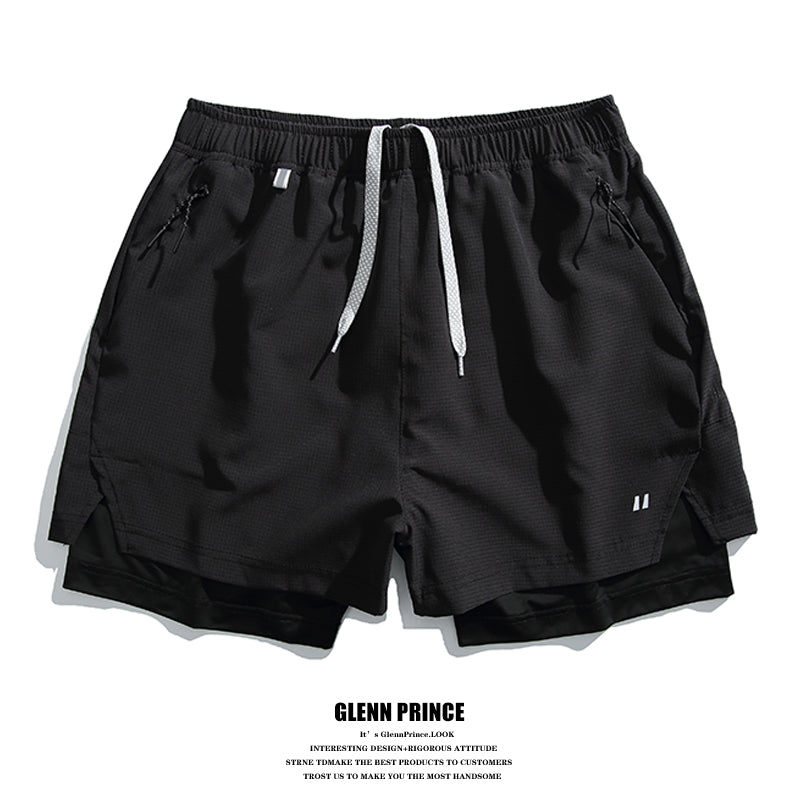 Summer Outdoor Fake Two-Piece Double-Layer Running Sports Shorts for Men Anti-Exposure Quick-Dry Cycling Training Shorts