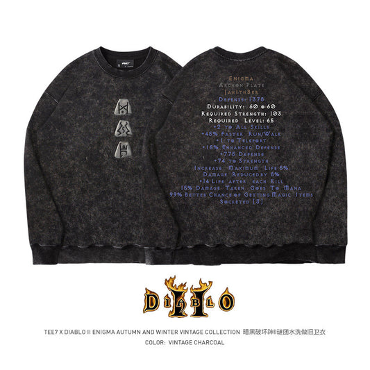 TEE7 Diablo Rune Mystery Crewneck Sweatshirt - Vintage Washed Heavyweight Cotton (Unisex)