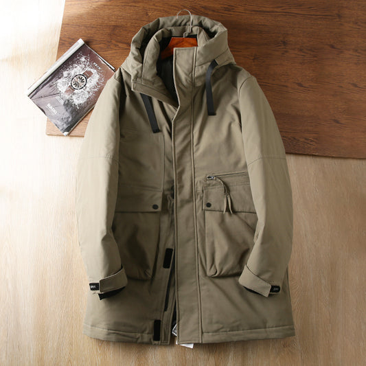 Men's Plus Size Workwear Down Jacket - Export Factory Cut Label Hooded Mid-Length Winter Coat