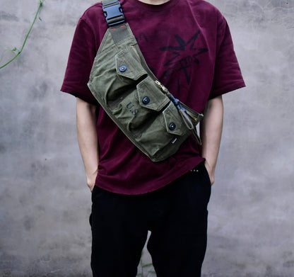 Washed Canvas Distressed Fanny Pack – Vintage 3-Way Chest Crossbody Unisex – Bags | japanese streetwear | vintage workwear | unisex | Yamalinclothes