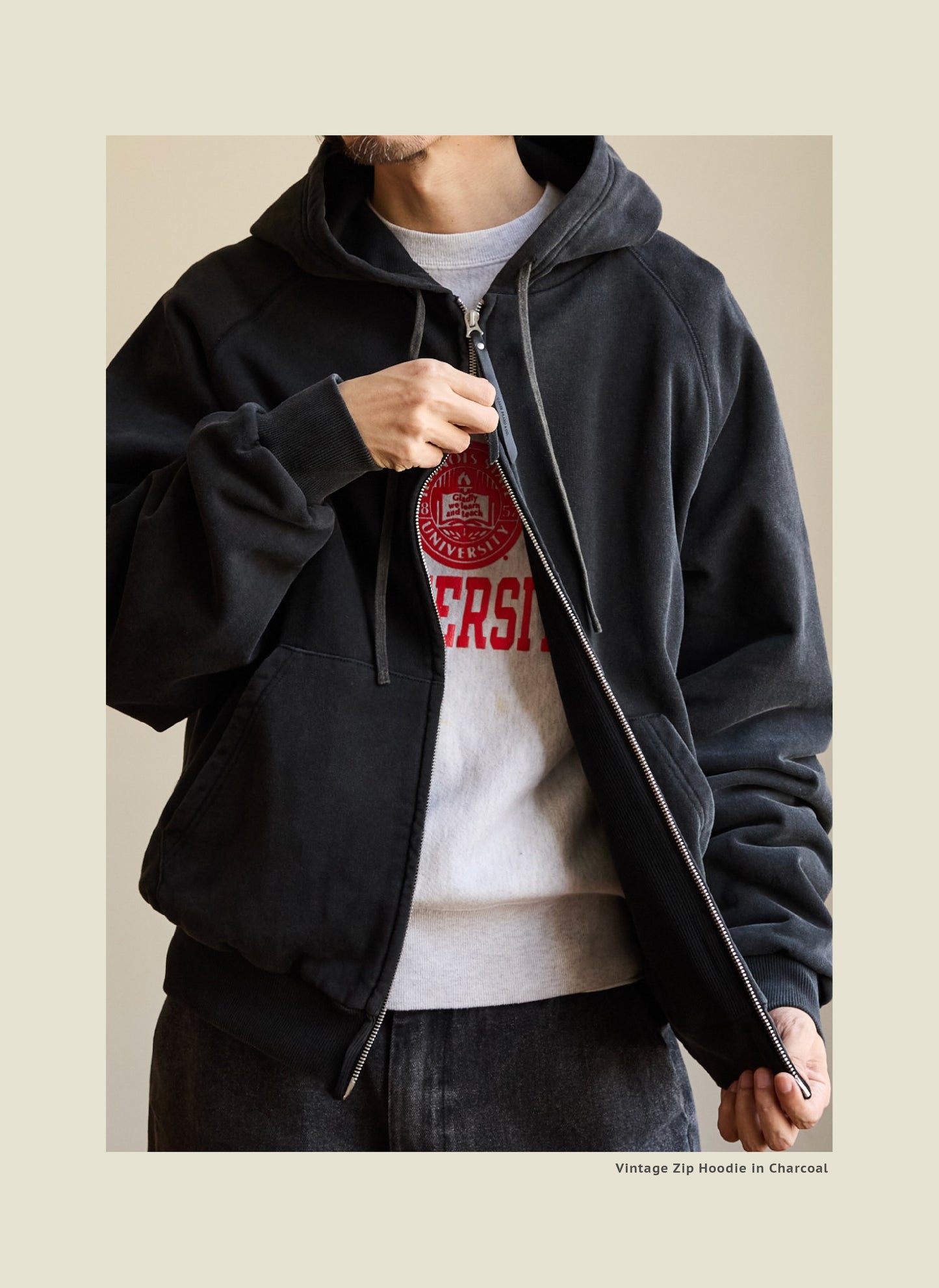 SS26 USAGE VTG Zip Hoodie - Yamalin Heavy Antique Woven Sweatshirt Washable Double Hoodie