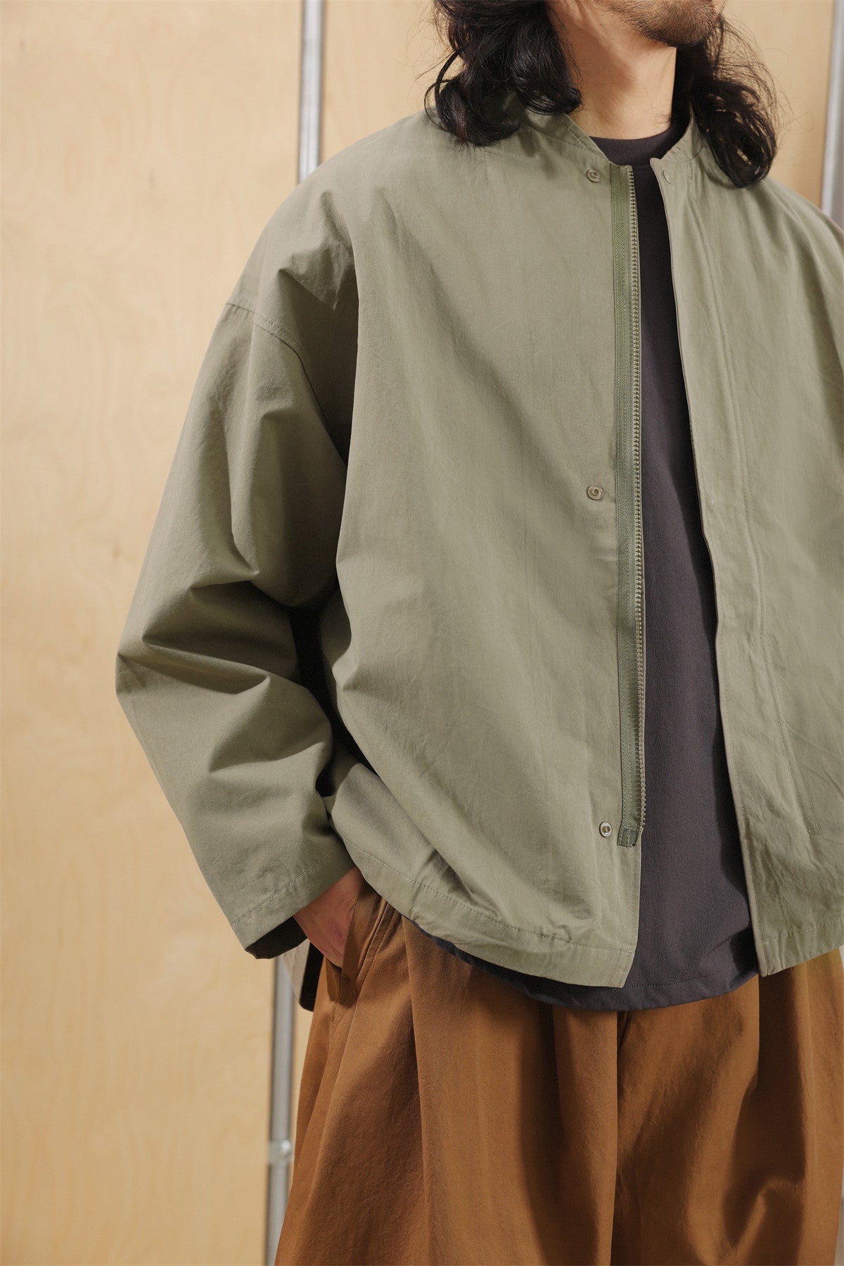 Washed Army Green Stand Collar Zip Jacket – Men's Loose Cargo Overshirt