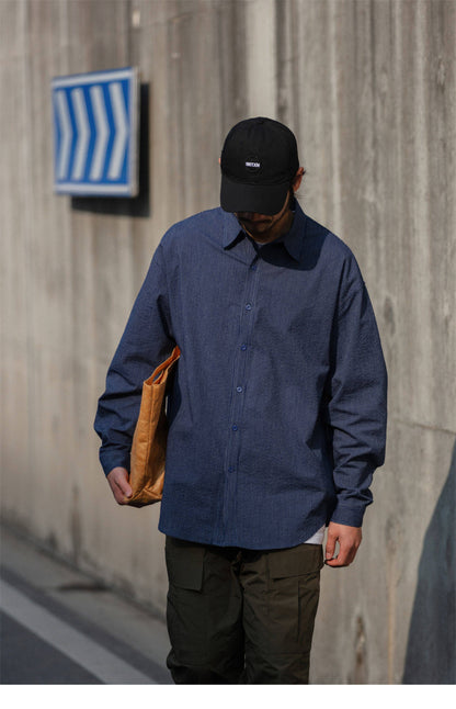 Cotton Pinstripe Shirt – Washed Navy & Relaxed Fit | Yamalinclothes