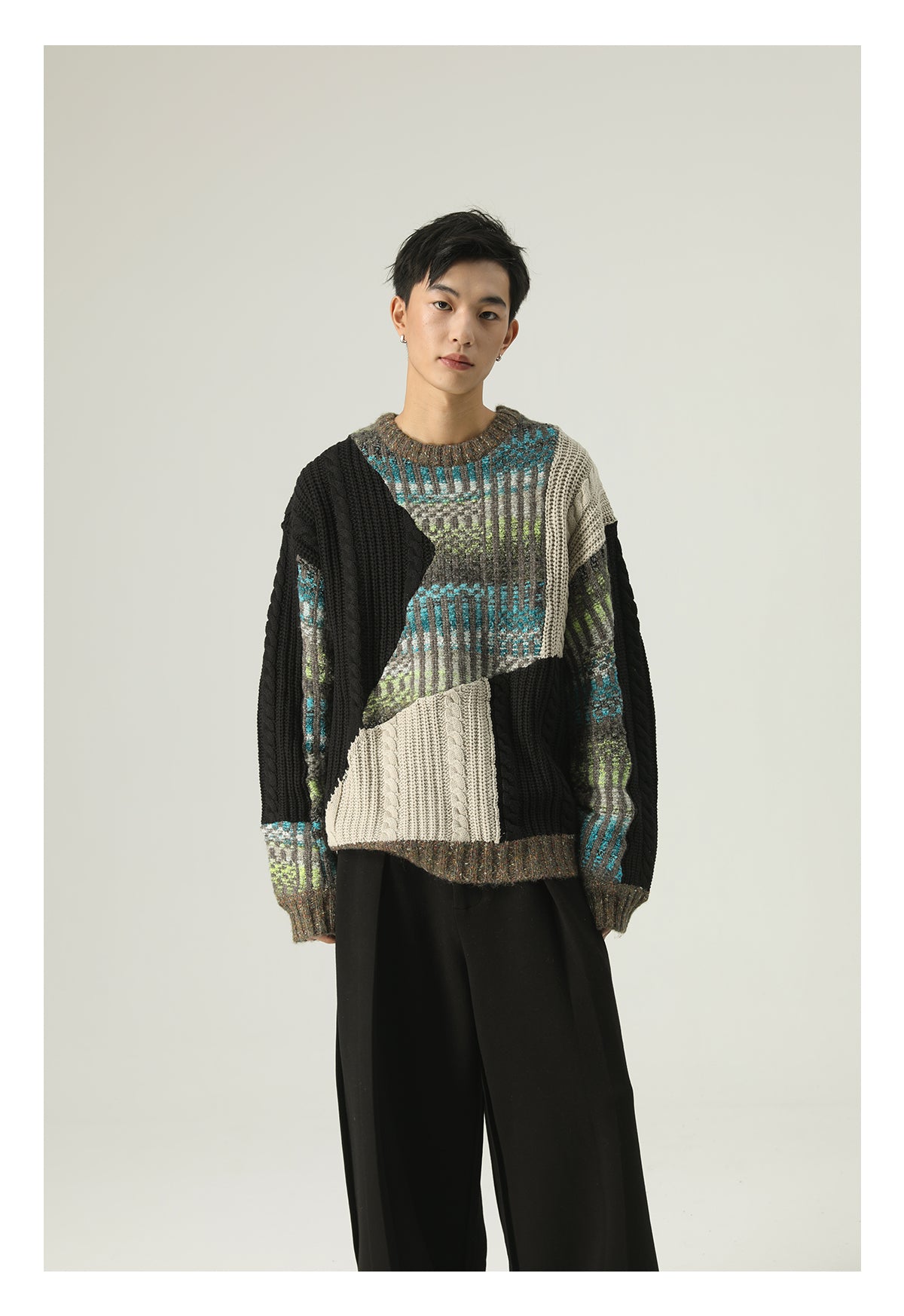 Heavy-weight twisted patchwork gradient back collar camel wool sweater