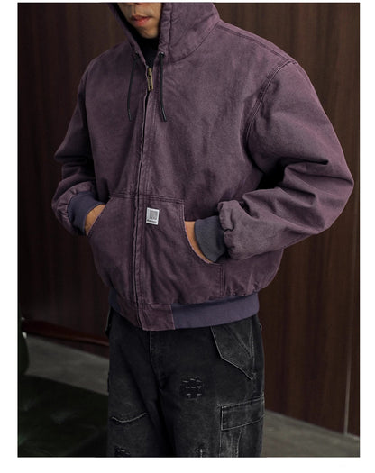 Vintage Wash Distressed Cargo Hoodie Jacket – Thermal Insulated Men's Coat