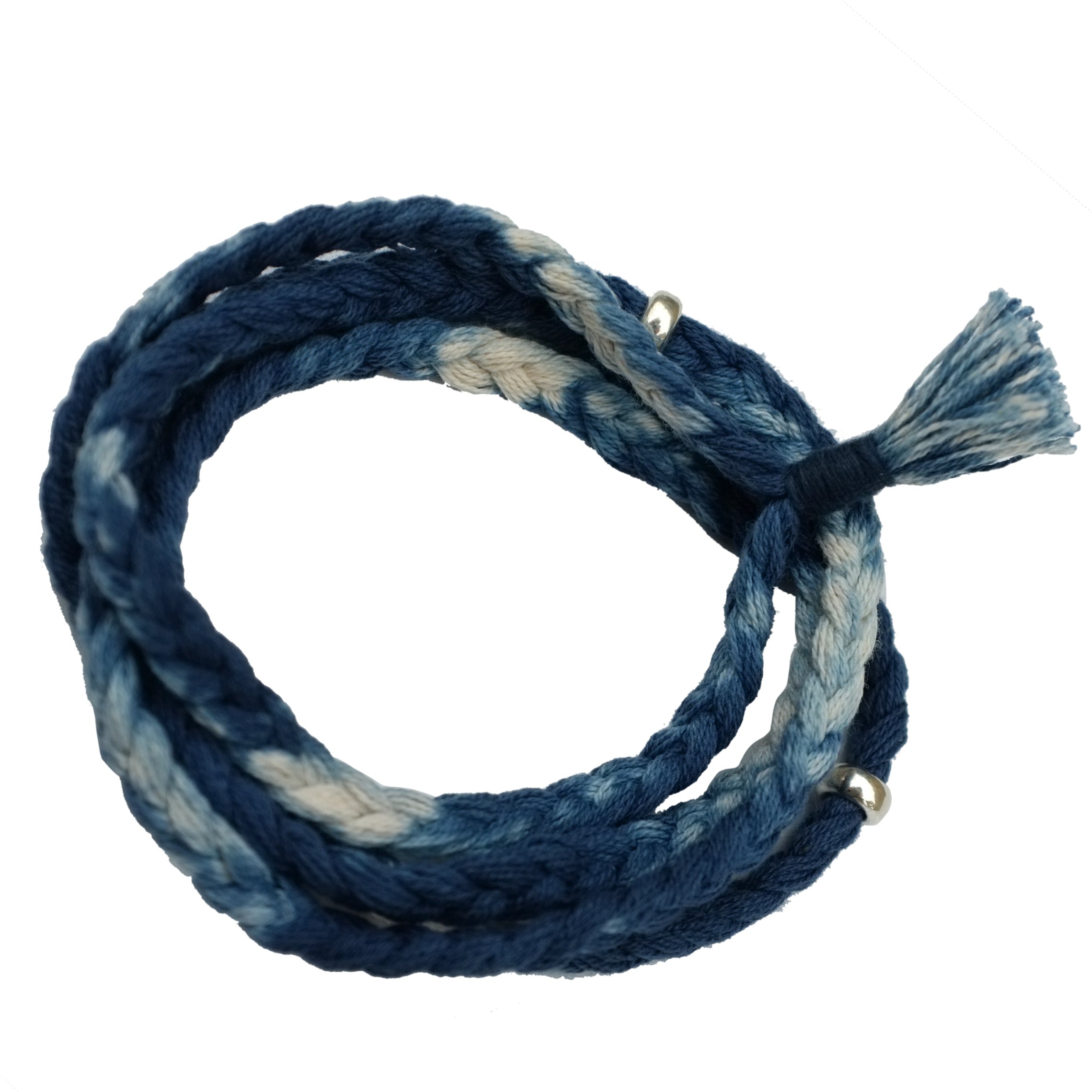 Original Indigo Dyed Vintage Indian Three-Strand Braided Silver Bead Necklace Plant-Dyed Hand Rope