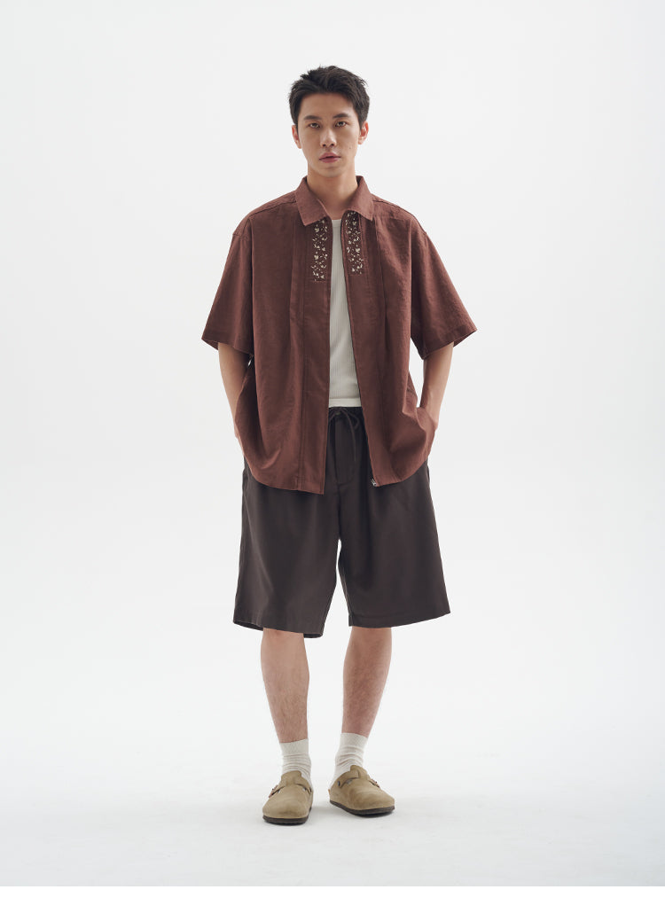 25SS Ramie Blend Passionflower Embroidery Washed Vintage Japanese Style Retro Short Sleeve Shirt
