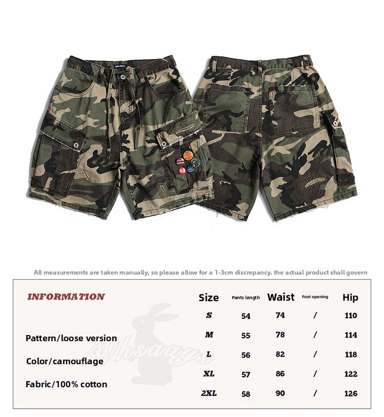 Men's American Street Retro Cargo Pants - Camouflage Heavy Washed Ripped Straight-Leg Pants