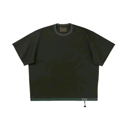 Three-Color Japanese Style Pure Cotton Patchwork Nylon Elastic Round Neck Short Sleeve T-Shirt