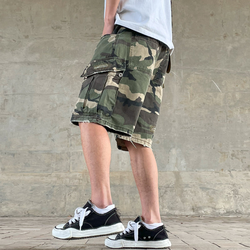 Men's American Street Retro Cargo Pants - Camouflage Heavy Washed Ripped Straight-Leg Pants