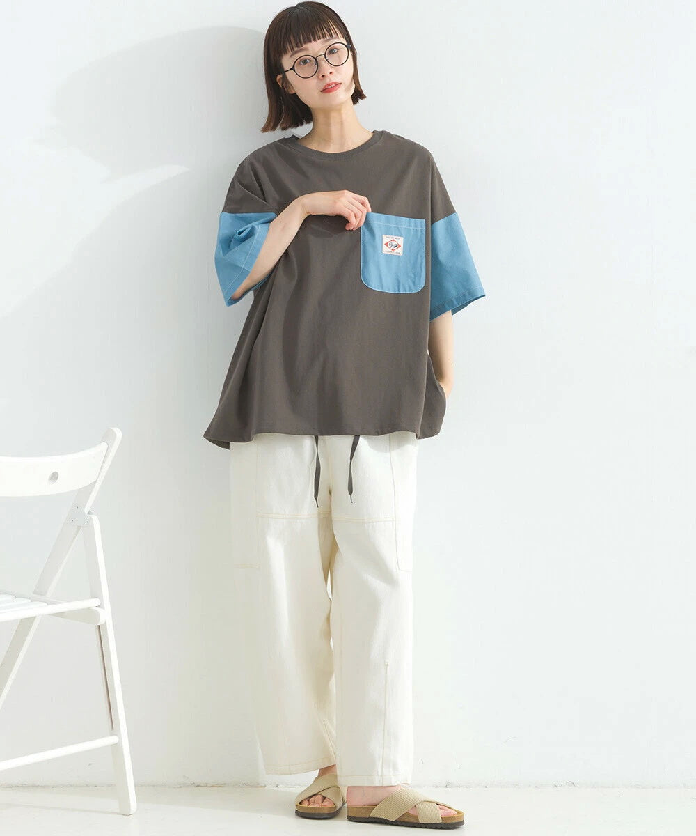 Japanese Style Stitching Denim Pocket Letters Profile T-shirt Designer Loose Casual Summer Patch