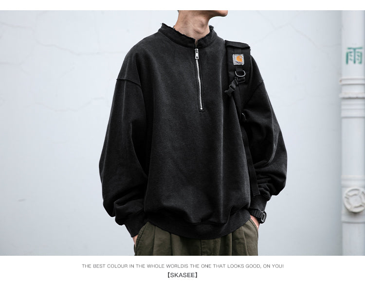 Unisex 465g Washed Vintage Sweatshirt - Boxy Half-Zip Snowflake Knit Pullover