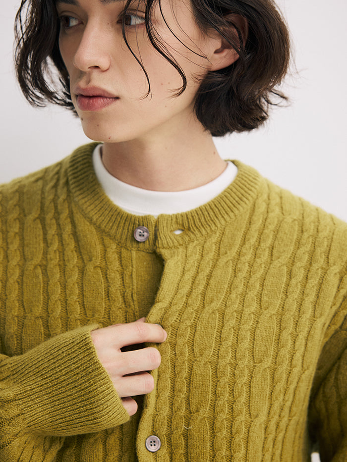 Coke Life Carpem 100% Wool Cable Knit Cardigan - Winter Lazy Style Round Neck Sweater