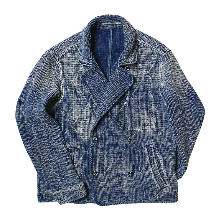 Retro Sashiko Washed Double-Breasted Jacket – Heavy Indigo Denim Workwear (Unisex)