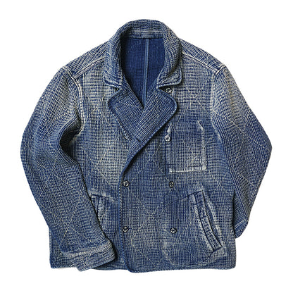 Retro Sashiko Washed Double-Breasted Jacket – Heavy Indigo Denim Workwear (Unisex)