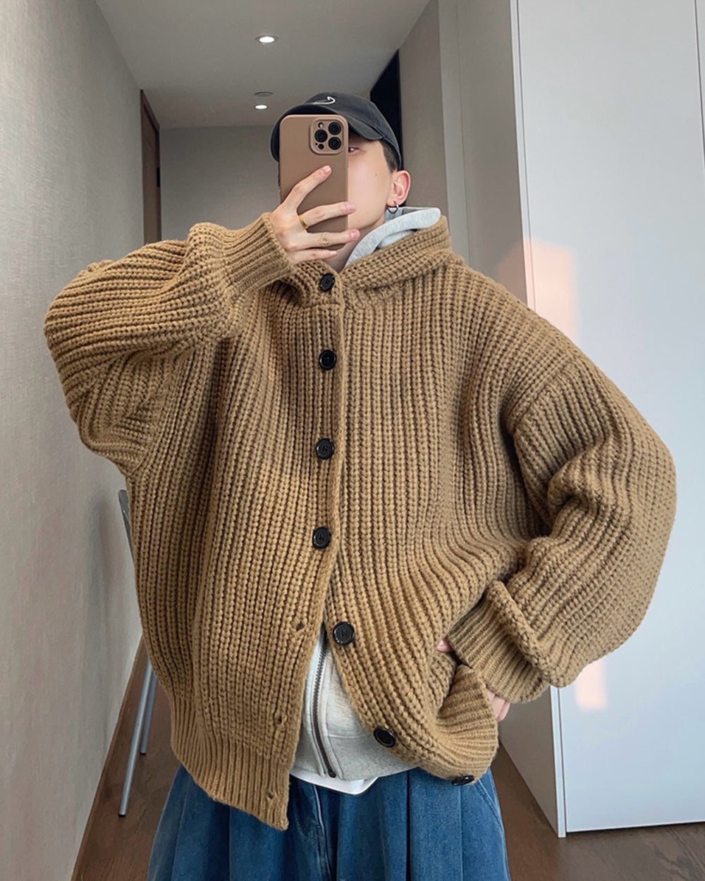 1.5KG Heavyweight Hooded Chunky Knit Button Sweater Coat – Oversized Vintage Winter – Japanese vintage | yamalin clothes | Yamalinclothes