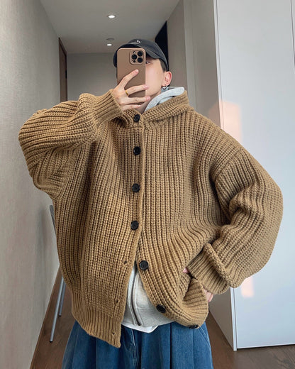 1.5KG Heavyweight Hooded Chunky Knit Button Sweater Coat – Oversized Vintage Winter – Japanese vintage | yamalin clothes | Yamalinclothes