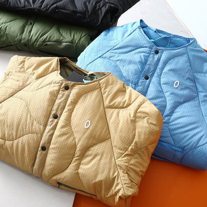Collarless Down Jacket – Wave Quilting & Snap Front