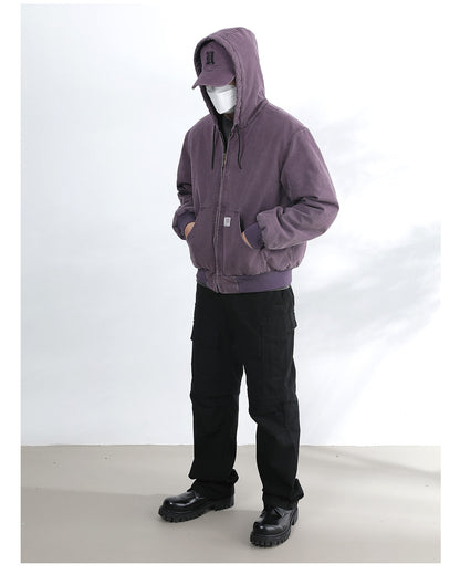 Vintage Wash Distressed Cargo Hoodie Jacket – Thermal Insulated Men's Coat
