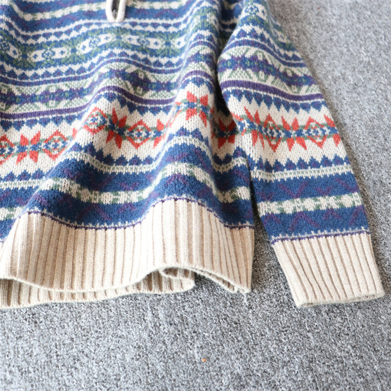 100% Wool Half-Zip Jacquard Stripe Sweater – Men's Ethnic Knit Pullover Khaki