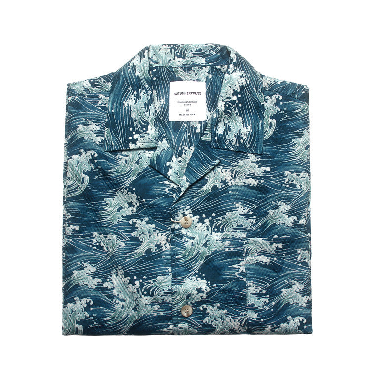 Seersucker Cuban Collar Printed Shirt – Men's Vintage Beach Short Sleeve