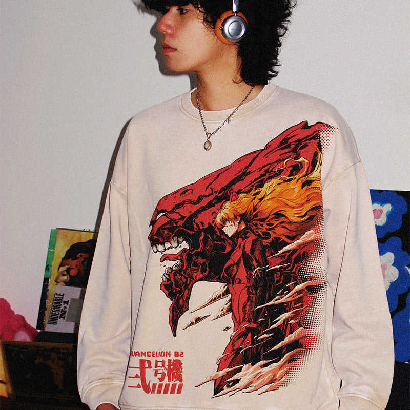 Evangelion Asuka Unit-02 Sweatshirt - Washed Vintage Cotton Crewneck (Unisex)