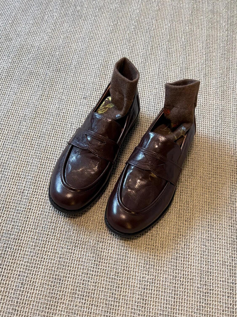 Women's Retro Genuine Leather Loafers - Sheepskin Slip-On Chunky Heel British Style Lazy Shoes