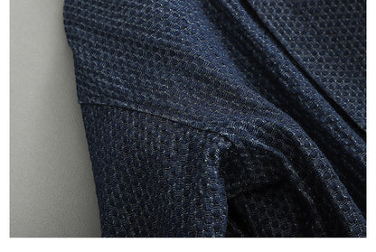 Japanese Retro Lattice Texture Denim Shirt - Loose Casual Lapel Shirt (Men)