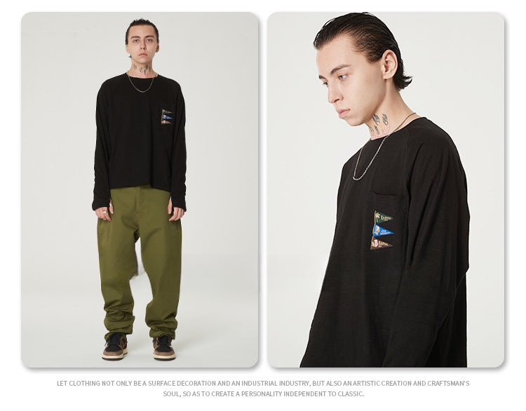 Japanese Style Flag Embroidery Loose Round Neck Men's Versatile Long Sleeve T-Shirt