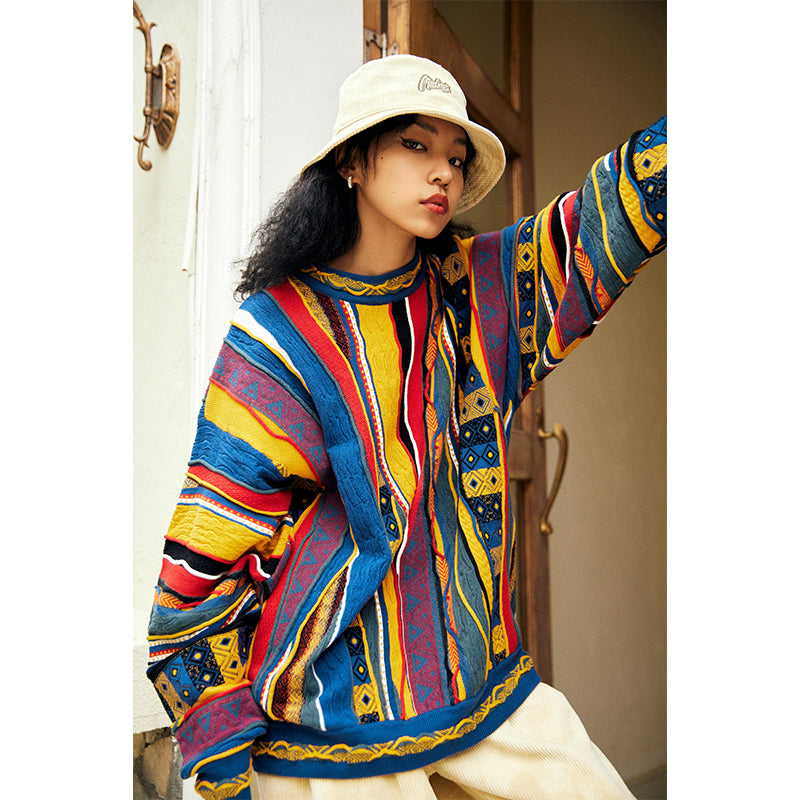 Medria American Style Retro Sweater - Guochao Hidden Color Bitter Melon Stripe Pullover