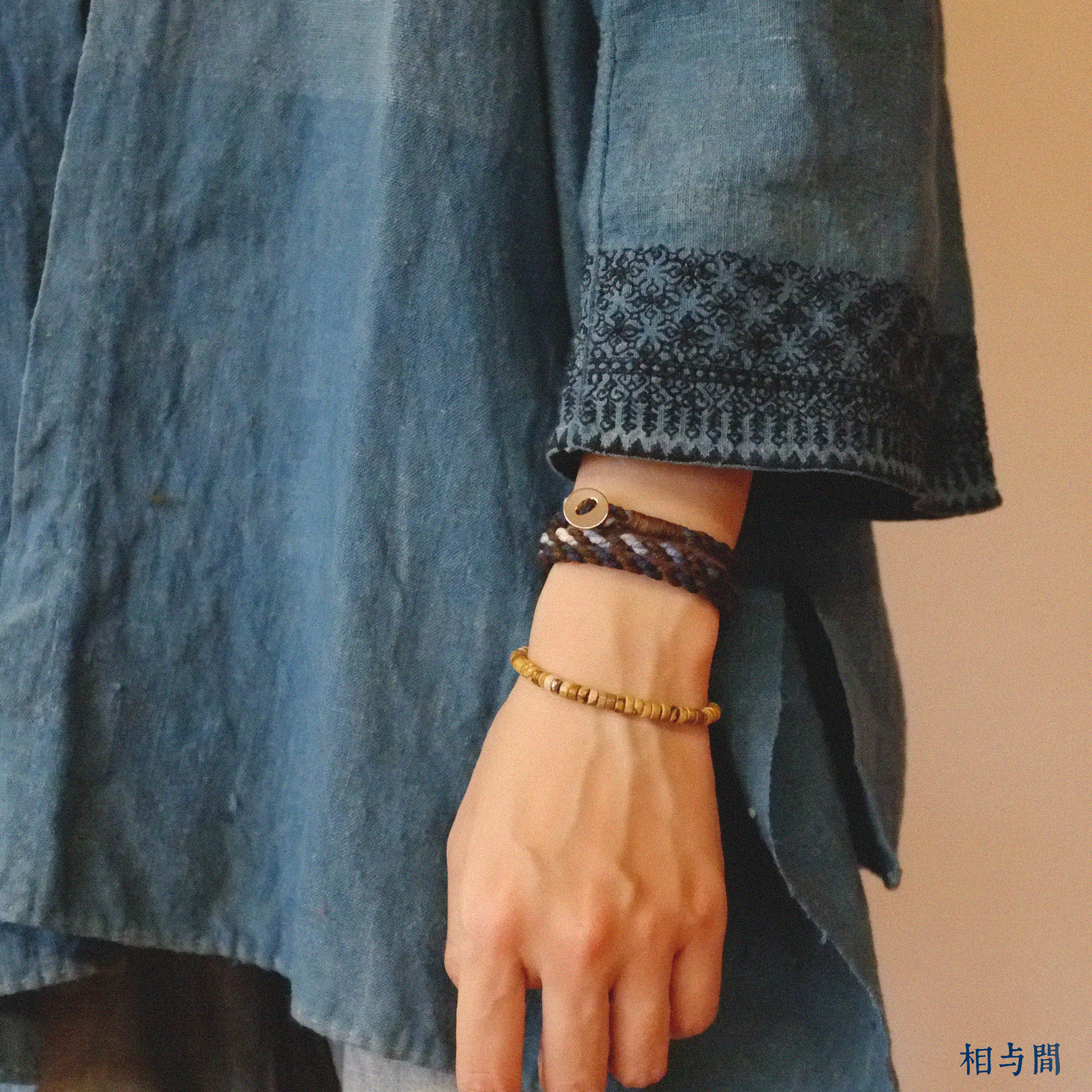 Original Four-Strand Weaving Blue Dye + Persimmon Dye Bracelet Cotton Linen Niche Couple Retro Multi-Hoop Bracelet