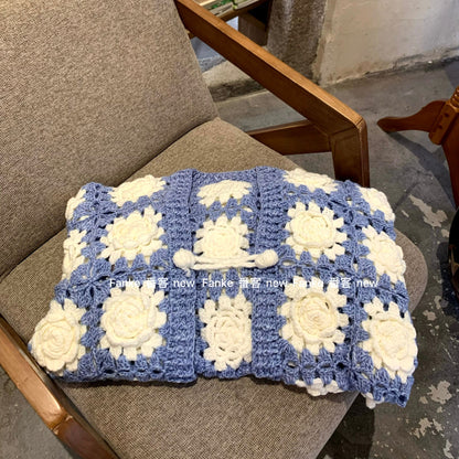 Women's European French Retro Color Block Cardigan - Handmade 3D Rose Crochet Hollow Knit Sweater